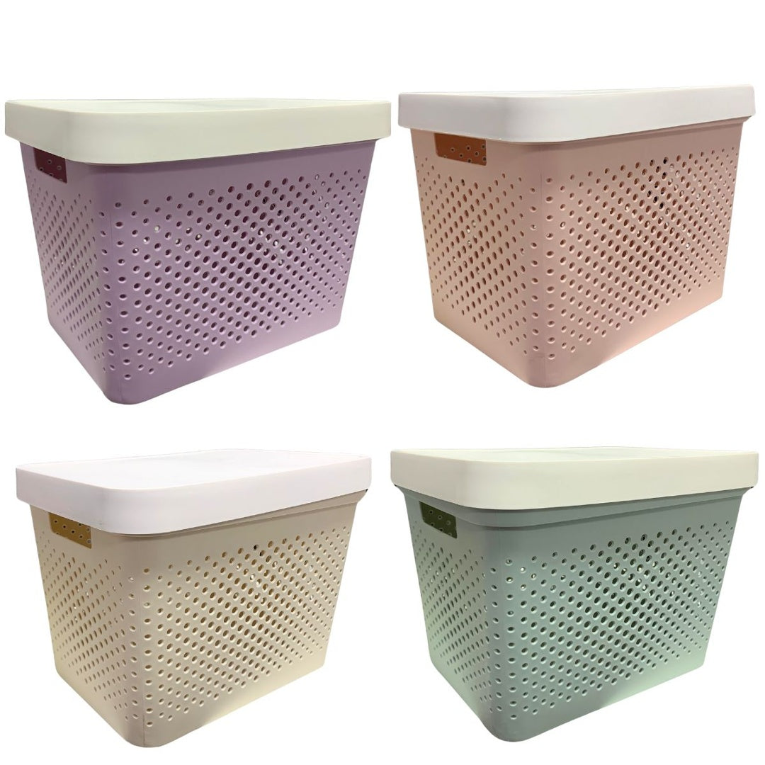 Canasto de Plástico Calado con Tapa y Asas - 37x27x27 cm, Colores Variados