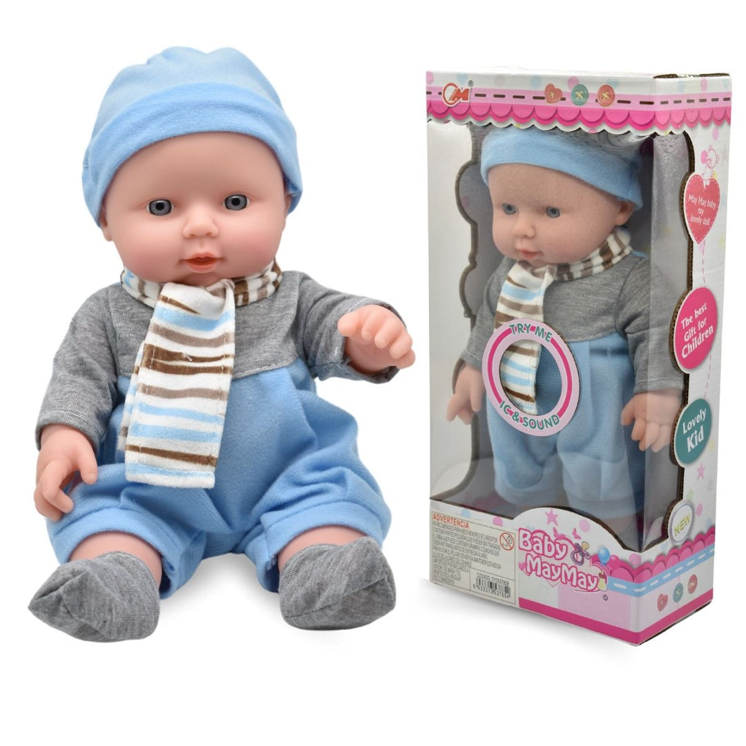 Muneco Bebe con Sonido 30cm Celeste Rie y Llora Azul